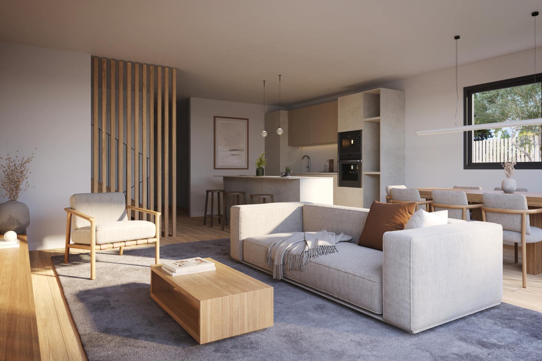 Espai de sala d'estar moderna i acollidora amb mobiliari de disseny, grans finestres que deixen entrar llum natural, decoració minimalista, perfecte per a immobiliàries i promocions immobiliàries d'èxit.