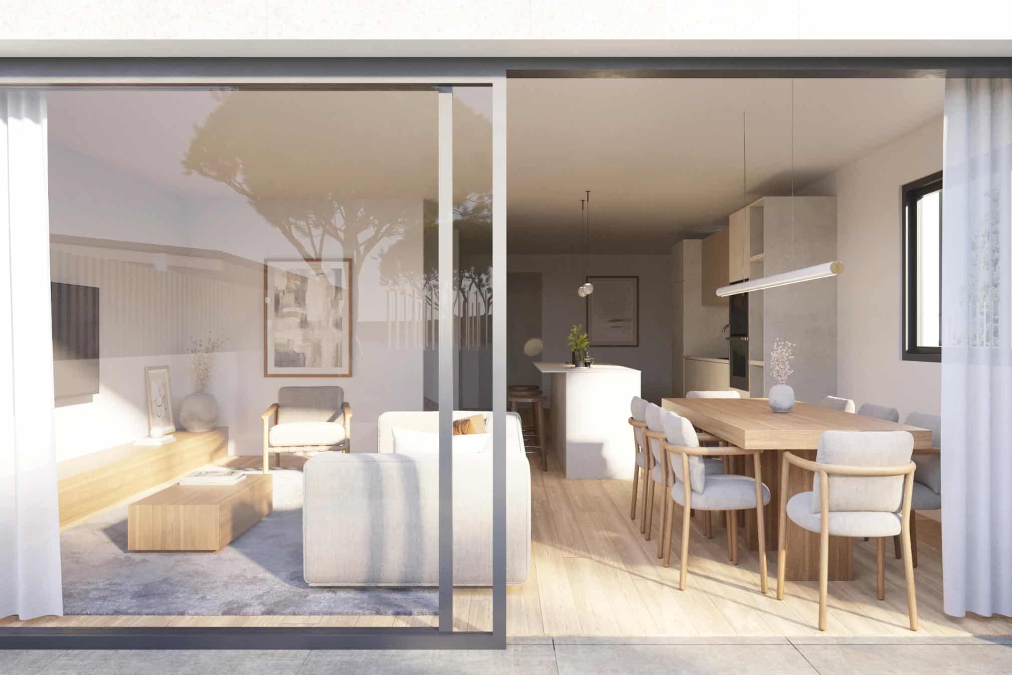 Àtic modern amb gran finestra de vidre que mostra interior de saló i menjador amb decoració elegant i mobles de fusta natural. Ideal per a serveis legals immobiliaris i gestió de propietats.