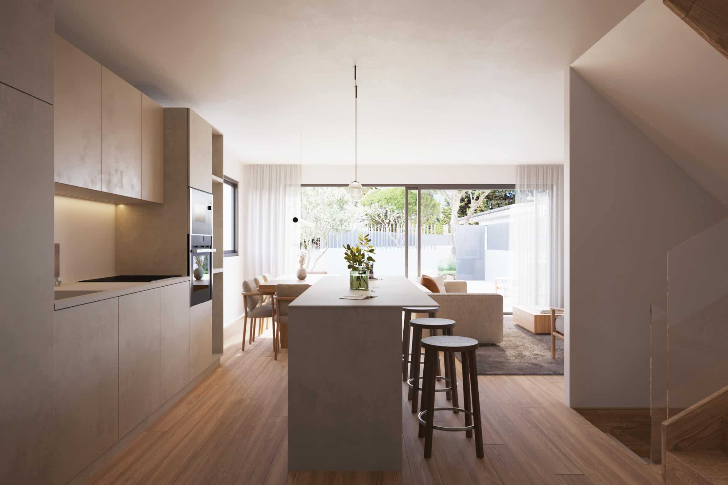 Fons de la imatge d'una sala d'estar moderna amb grans finestrals, mobiliari minimalista i accents naturals, ideal per a immobles residencials amb serveis legals i immobiliaris a Torra Advocats.